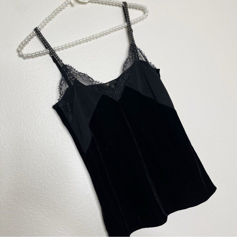 Maje Size 1 Black Velvet Sleeveless Top Lace Lisa Slip Camisole Faux Leather